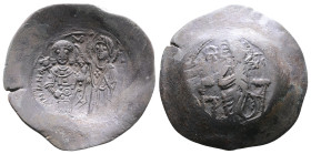 Manuel I. AD 1143-1181. Billon trachy. (29 mm. 3,6 g.). Constantinople. IX-XC, Nimbate Christ seated facing on throne, holding book of gospels. Rev. M...