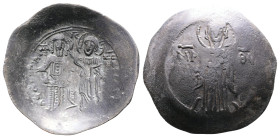 Andronicus I. AD 1183-1185. Billon Trachy. (26,8 mm. 2,8 g). Constantinople. MTΡ-ΘV across fields, Mary standing facing on dais, nimbate, holding the ...