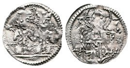Stefan Uroš IV Dušan, with Elena 1331-1355 AD. Half dinar (15 mm. 0,74 g) (Grosso). Stefan and Elena standing facing, holding patriarchal cross betwee...