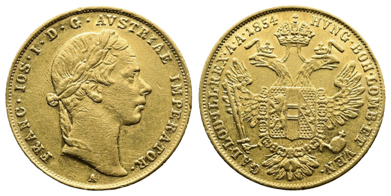 Franz Josef I. 1848-1867. AV Ducat (20mm, 3.46 g.). Vienna mint. Dated 1854 A. L...