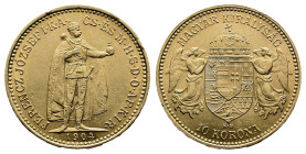 Franz Joseph I. 1848 - 1916 Gold 10 Korona (19mm, 3,4 g.), 1904. KB Kremnitz Frühwald 2094. Nearly EF.