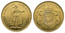Franz Joseph I. 1848-1916 Gold 10 Korona,19mm,3,39 1908 KB. Kremnitz 3,38g Frühwald 2098. Nearly EF.