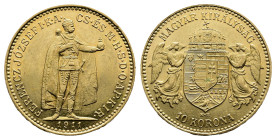 Franz Joseph 1848-1916. Gold 10 Korona, (19mm. 3,39g.) 1911 KB, Kremnitz; Fr. 252; Her. 411; Nearly EF.