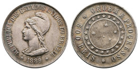 Rio De Jeneiro mint, ARc500 Silver Réis (25,2 mm,6,34g.) 1889. KM# 494. Nicely toned. A EF