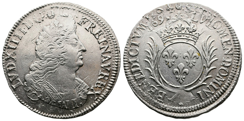 Louis XIV (1643-1715). AR Écu aux palmes, (35mm, 13,3g.). 1694, A, Paris. Dy.152...