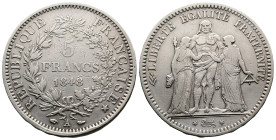 Republic. 1848-1852. AR 5 Francs (37mm, 24,9 g.). Paris mint; différents: hand and dog's head. Dated 1848 A. Hercules standing facing between personif...
