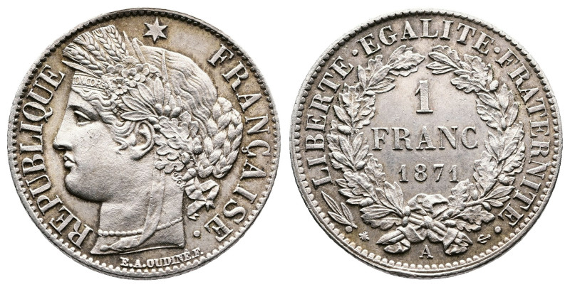 3rd. Republic 1870-1940. AR 1 Franc (23mm, 5g.).1871 A, Paris. Gadoury 465; Maza...