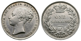 Victoria. 1837-1901. AR Shilling. (23,6 mm. 5,65g.) 1849. Her second head left; VICTORIA DEI GRATIA BRITANNIAR:REG: F: D: / ONE SHILLING crowned, with...