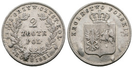 Polish Revolution, 1830-1831. 2 Zlote (25mm, 8,9g.).1831, Warsaw Mint, KG. Bitkin 5 (R2). gVF. Very rare.