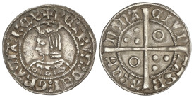 MEDIEVAL COINS: CATALONIA-KINGDOM OF ARAGON
Croat. PERE III. BARCELONA. Anv.: PETRVS:DEI:GRACIA:REX. Efigie coronada a izquierda. Flores de 6 pétalos...