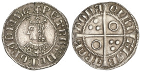 MEDIEVAL COINS: CATALONIA-KINGDOM OF ARAGON
Croat. PERE III. BARCELONA. Anv.: PETRVS:DEI:GRACIA:REX. Efigie coronada a izquierda con vestido adornado...