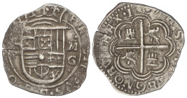 SPANISH MONARCHY: PHILIP II
2 Reales. 1(59)7. GRANADA. M/C. Anv.: Valor II vertical - Escudo - M/G. 6,72 grs. AR. Tipo OMNIVM. RARA. AC-329 var. EBC-...