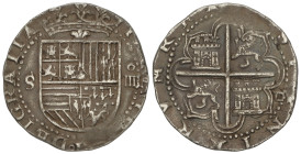 SPANISH MONARCHY: PHILIP II
4 Reales. S/F. SEVILLA. Anv.: S-Escudo-o/IIII. Flor de lis entre escudo y corona,. Rev.: P tumbada a la derecha del 4º cu...