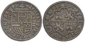 SPANISH MONARCHY: PHILIP II
8 Reales. 1589. SEGOVIA. Anv.: Acueducto vertical de 4 arcos y 2 pisos. 26,5 grs. Pátina mate. ESCASA. AC-702. EBC-.