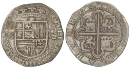 SPANISH MONARCHY: PHILIP II
8 Reales. S/F. SEVILLA. P tumbada. Anv.: S-Escudo-o/VIII. Rev.: P tumbada a la derecha del 4º cuartel. 26,41 grs. Ligera ...