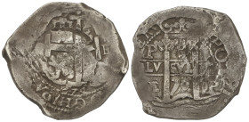 SPANISH MONARCHY: CHARLES II
8 Reales. 1679. POTOSÍ. E. 26,72 grs. Dos fechas visibles. RARA. AC-No Cat; Cal-360. MBC-. Ex Soler y Llach y Martí Herv...