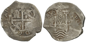 SPANISH MONARCHY: CHARLES II
8 Reales. 1687. POTOSI. VR. 27,21 grs. Fecha muy poco visibe. AC-541. MBC.