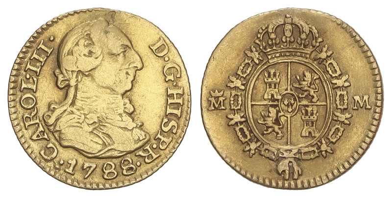 SPANISH MONARCHY: CHARLES III
1/2 Escudo. 1788. MADRID. M.F. 1,73 grs. AC-1286....