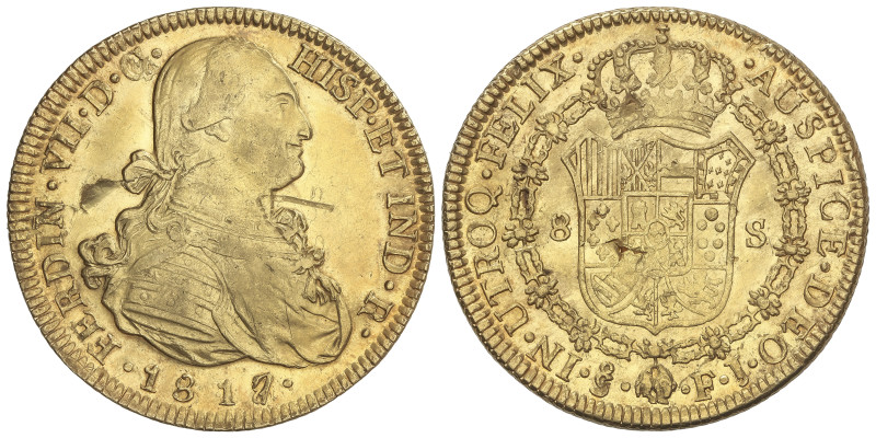 SPANISH MONARCHY: FERDINAND VII
8 Escudos. 1817/8. SANTIAGO. F.J. 26,81 grs. Bu...