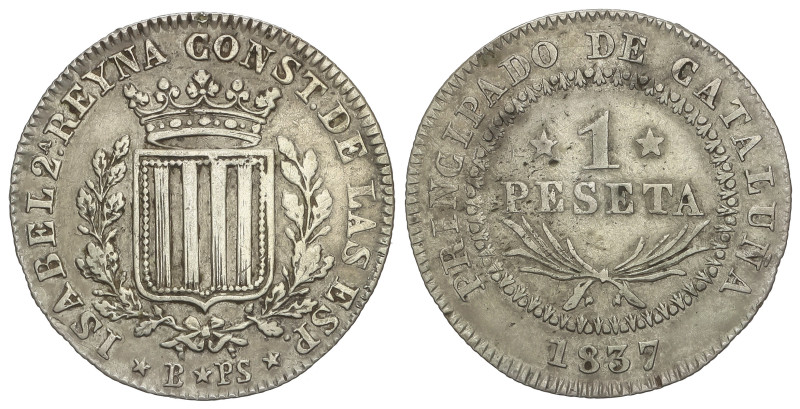 SPANISH MONARCHY: ELISABETH II
1 Peseta. 1837. BARCELONA-P.S. P.S. 5,67 grs. (M...