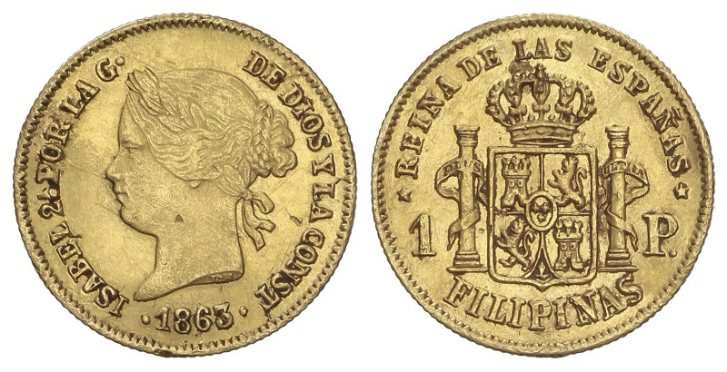 SPANISH MONARCHY: ELISABETH II
1 Peso. 1863. MANILA. 1,71 grs. AU. Rayitas, lim...