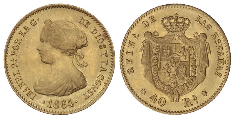 SPANISH MONARCHY: ELISABETH II
40 Reales. 1864. MADRID. 3,34 grs. AC-686. EBC.