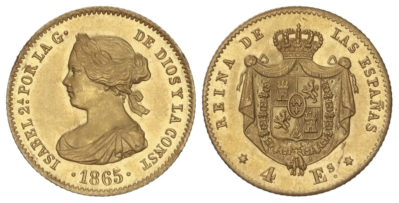 SPANISH MONARCHY: ELISABETH II
4 Escudos. 1865. MADRID. 3,38 grs. Bella con ple...