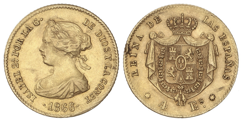 SPANISH MONARCHY: ELISABETH II
4 Escudos. 1866/5. SEVILLA. 3,30 grs. (Golpe en ...