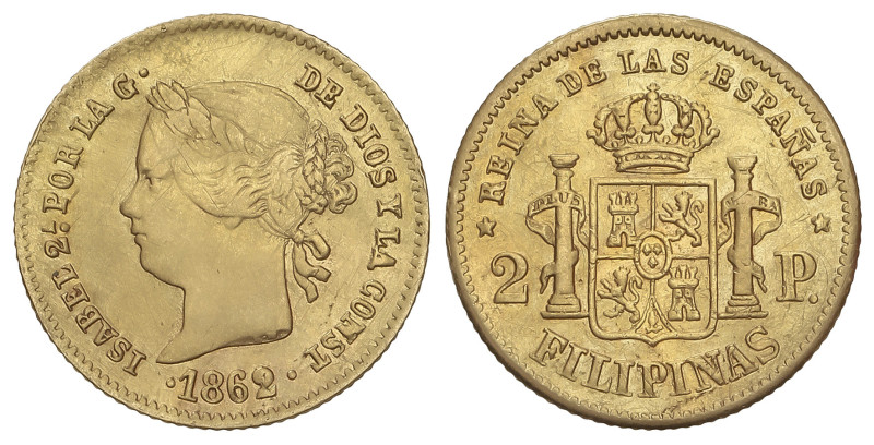 SPANISH MONARCHY: ELISABETH II
2 Pesos. 1862. MANILA. 3,34 grs. Sobrante de met...