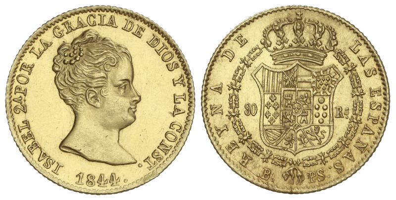 SPANISH MONARCHY: ELISABETH II
80 Reales. 1844. BARCELONA. P.S. 6,74 grs. (Golp...