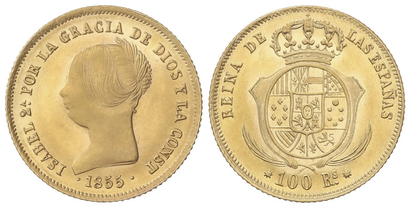 SPANISH MONARCHY: ELISABETH II
100 Reales. 1855. BARCELONA. 8,34 grs. Brillo or...