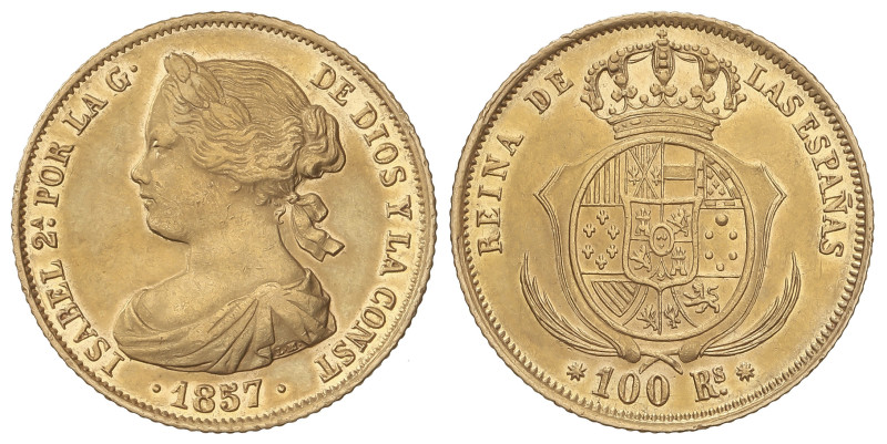 SPANISH MONARCHY: ELISABETH II
100 Reales. 1857. BARCELONA. 8,38 grs. (Golpecit...