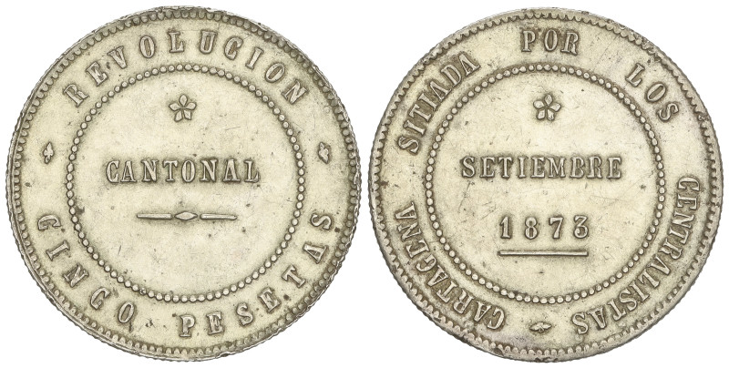 PESETA SYSTEM: CANTONAL REVOLUTION
5 Pesetas. 1873. CARTAGENA. Anv.: 86 perlas....