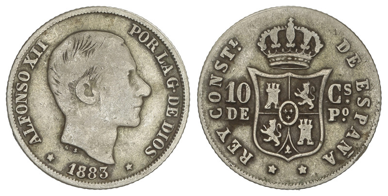 PESETA SYSTEM: ALFONSO XII
10 Centavos de Peso. 1883/783. MANILA. Rectificación...