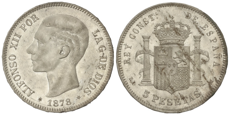 PESETA SYSTEM: ALFONSO XII
5 Pesetas. 1878 (*18-78). D.E.-M. (Leves rayitas, ma...