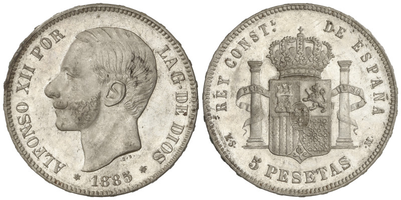 PESETA SYSTEM: ALFONSO XII
5 Pesetas. 1885 (*18-87). M.S.-M. (Ínfimas marquitas...