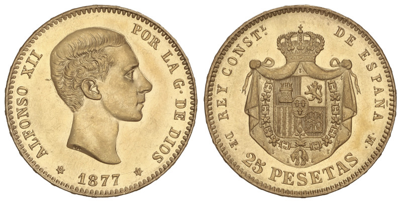 PESETA SYSTEM: ALFONSO XII
25 Pesetas. 1877 (*18-77). D.E.-M. (Ínfimas rayitas ...