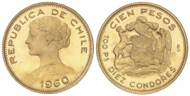 WORLD COINS: CHILE
100 Pesos. 1960. SANTIAGO. 20,35 grs. AU (900). (Ínfimas rayitas). Fr-54; KM-175. SC Prooflike.