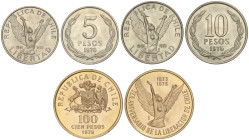 WORLD COINS: CHILE
Set 3 monedas 5, 10 y 100 Pesos. 1976. 20, 34 grs. AU (900). 7, 09 y 9, 09 grs. CuNi. En presentación original. KM-209, 210, 212. ...