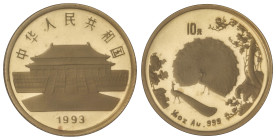 WORLD COINS: CHINA
10 Yuan. 1993. 3,12 grs. AU (999). Dos pavos reales. En presentación original. Fr-67; KM-594. PROOF.