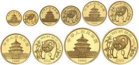 WORLD COINS: CHINA
Serie 5 monedas 5, 10, 25, 50 y 100 Yuan. 1986. Peso total de 59,13 grs. AU (999). Panda entre bambú. KM-131/135. FDC.