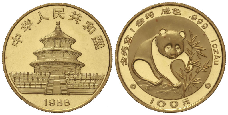 WORLD COINS: CHINA
100 Yuan. 1988. 31,09 grs. AU (999). Panda arrancando bambú....