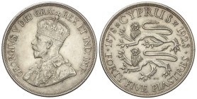 WORLD COINS: CYPRUS
45 Piastres. 1928. GEORGE V. 28,25 grs. AR. (Leves rayitas). KM-19. EBC.