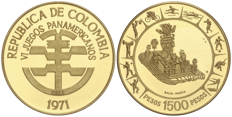 WORLD COINS: COLOMBIA
1.500 Pesos. 1971. 64,3 grs. AU (900). VI Juegos Panameri...