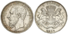 WORLD COINS: BELGIAN CONGO
5 Francs. 1896. LEOPOLD II. 24,76 grs. AR. Pátina. ESCASA. KM-8.1. EBC-.