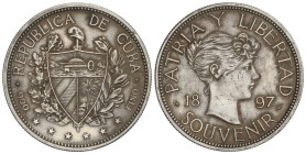 WORLD COINS: CUBA
Peso Souvenir. 1897. 22,47 grs. AR. La estrella de la derecha por debajo de la base del 97. (Golpecitos). Pátina. Bruce-X M2. MBC+....