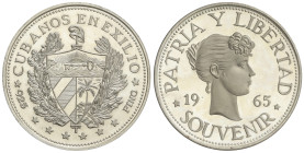 WORLD COINS: CUBA
Peso Souvenir. 1965. 29,59 grs. AR. Cubanos en el Exilio. Canto liso. Bruce-XM5. PROOF.