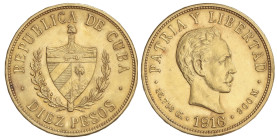 WORLD COINS: CUBA
10 Pesos. 1916. 16,68 grs. AU. Jose Martí. (Rayitas, algo limpiada). Fr-3; KM-20. MBC+.