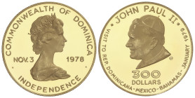 WORLD COINS: DOMINICA
300 Dollars. 1978. ELIZABETH II. 19,17 grs. AU (900). Visita del Papa Juan Pablo II. (Ínfimas marquitas). MUY ESCASA. Fr-3; KM-...