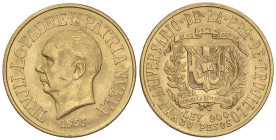 WORLD COINS: DOMINICAN REPUBLIC
30 Pesos. 1955. Anv.: 25 Aniv. Era Trujillo. 29,55 grs. AU (900). 25 Aniversario del régimen de Trujillo. (Rayitas). ...